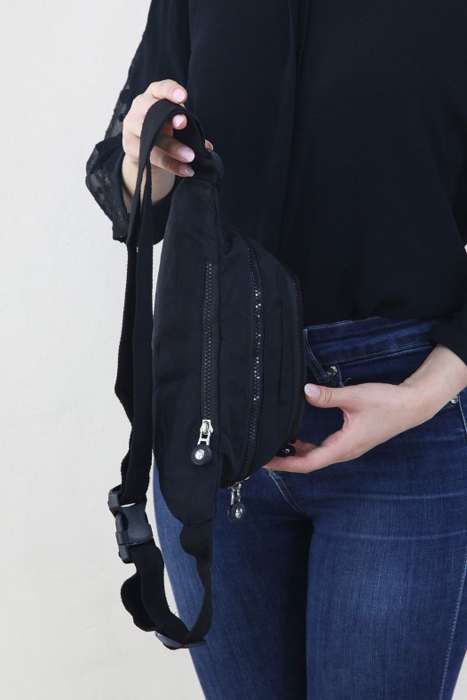 Siyah Kadın Bel ve Göğüs Çantası Body Bag Free Bag Krinkıl Kumaş Çok Bölmeli Fermuarlı Astarlı 5328