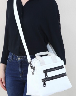 Beyaz Kadın Çapraz Askılı El Omuz Çantası Su Geçirmez Saten Kumaş Çok Gözlü Fermuarlı Astarlı 5330