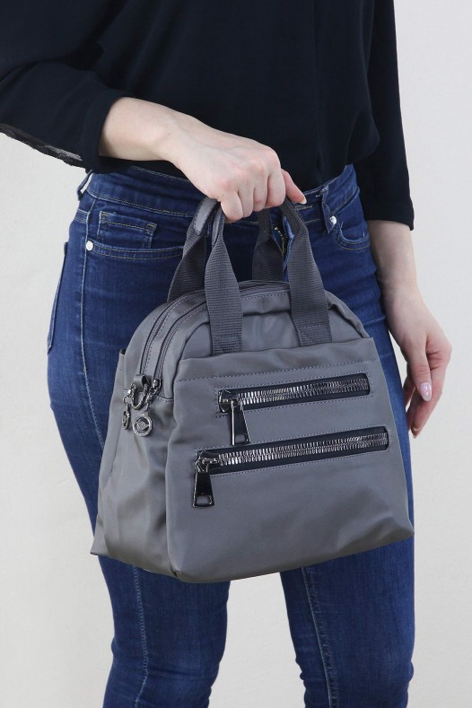 Gri Kadın Çapraz Askılı El Omuz Çantası Su Geçirmez Saten Kumaş Çok Gözlü Fermuarlı Astarlı 5330