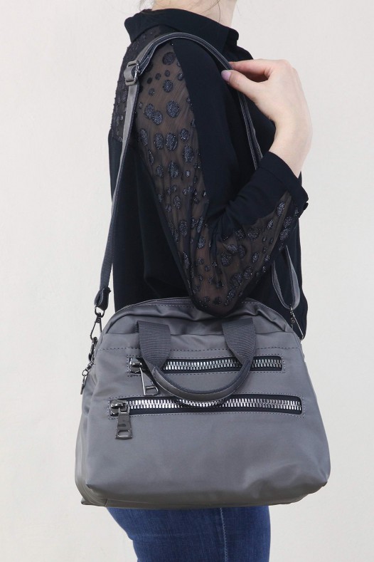 Gri Kadın Çapraz Askılı El Omuz Çantası Su Geçirmez Saten Kumaş Çok Gözlü Fermuarlı Astarlı 5330