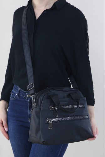 Siyah Kadın Çapraz Askılı El Omuz Çantası Su Geçirmez Saten Kumaş Çok Bölmeli Fermuarlı Astarlı 5330