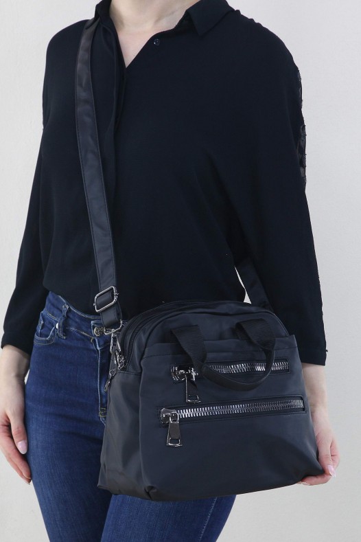 Siyah Kadın Çapraz Askılı El Omuz Çantası Su Geçirmez Saten Kumaş Çok Bölmeli Fermuarlı Astarlı 5330