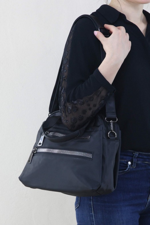 Siyah Kadın Çapraz Askılı El Omuz Çantası Su Geçirmez Saten Kumaş Çok Bölmeli Fermuarlı Astarlı 5330