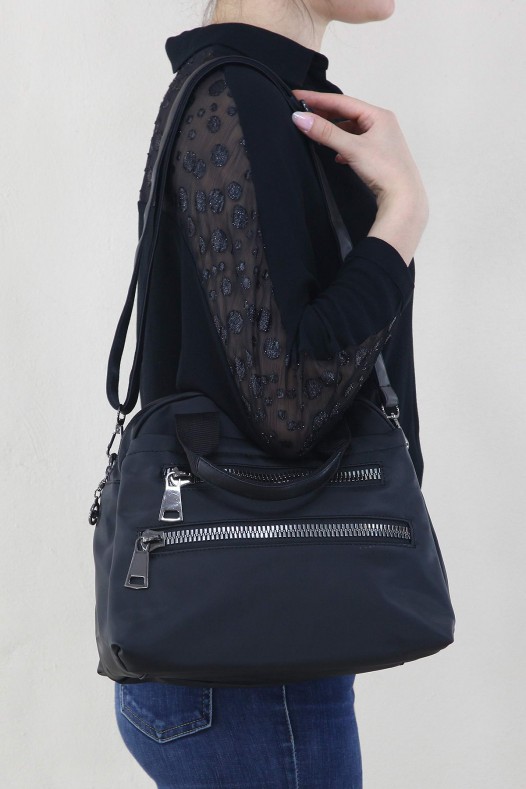 Siyah Kadın Çapraz Askılı El Omuz Çantası Su Geçirmez Saten Kumaş Çok Bölmeli Fermuarlı Astarlı 5330