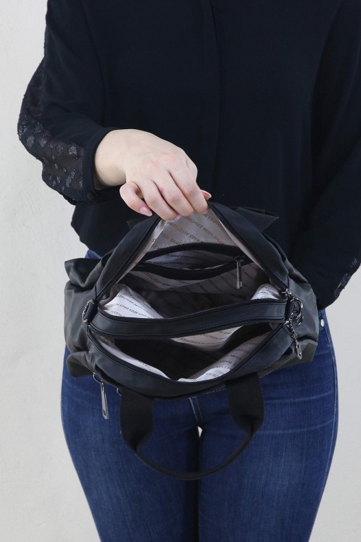 Siyah Kadın Çapraz Askılı El Omuz Çantası Su Geçirmez Saten Kumaş Çok Bölmeli Fermuarlı Astarlı 5330