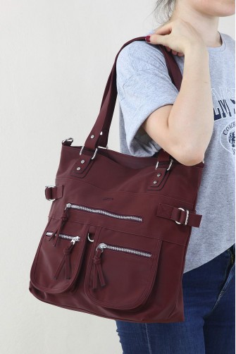 Bordo Kadın Çapraz Askılı Kol Omuz Çantası İthal Saten Kumaş Çok Gözlü Fermuarlı Astarlı 5333
