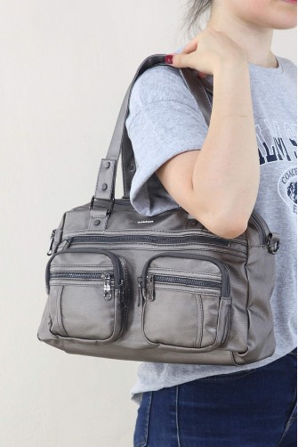 Gri Kadın Çapraz Askılı Kol Omuz Çantası Yumuşak Suni Deri Çok Bölmeli Fermuarlı İçi Astarlı 5337