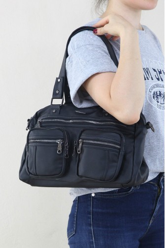 Siyah Kadın Çapraz Askılı Kol Omuz Çantası Yumuşak Suni Deri Çok Bölmeli Fermuarlı Astarlı 5337