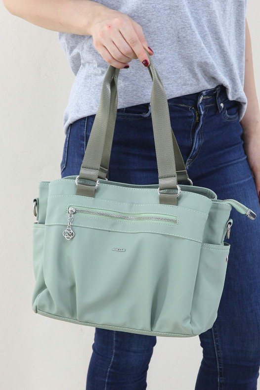 Su Yeşili Kadın Çapraz Askılı Kol Omuz Çantası Su Geçirmez İthal Saten Kumaş Çok Gözlü Astarlı 5339