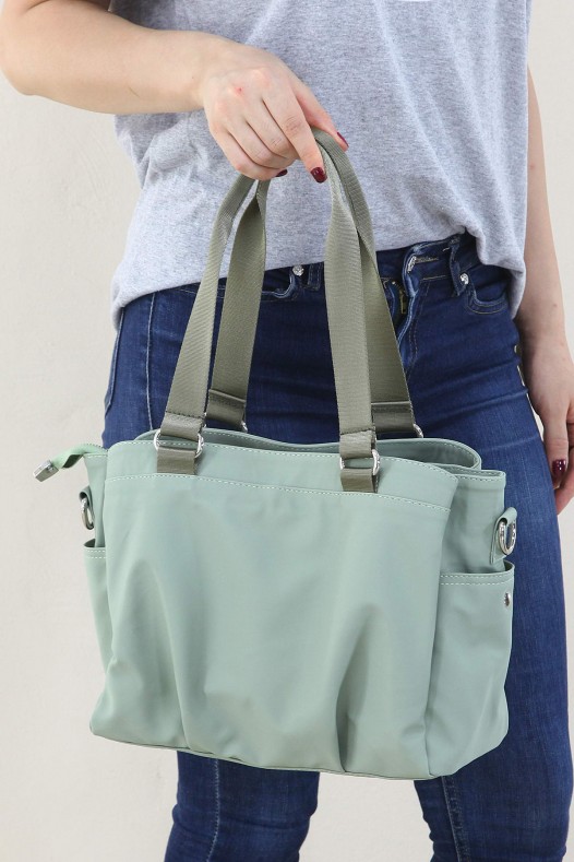 Su Yeşili Kadın Çapraz Askılı Kol Omuz Çantası Su Geçirmez İthal Saten Kumaş Çok Gözlü Astarlı 5339