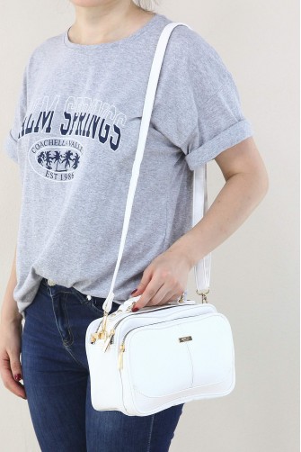 Beyaz Kadın Çapraz Askılı El Omuz Çantası Suni Deri 4 Gözlü Bölmeli Fermuarlı İçi Astarlı 5342