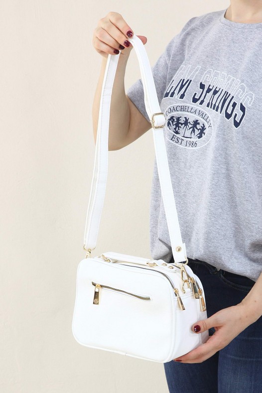 Beyaz Kadın Çapraz Askılı El Omuz Çantası Suni Deri 4 Gözlü Bölmeli Fermuarlı İçi Astarlı 5342
