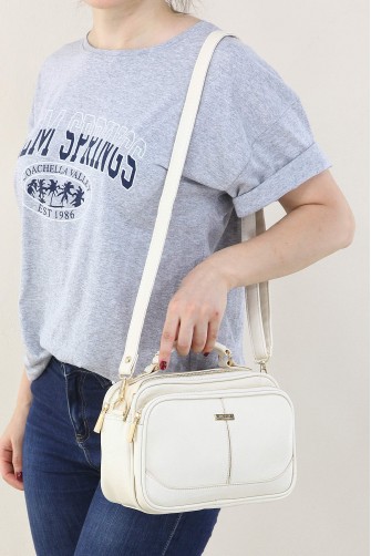 Krem Kadın Çapraz Askılı El Omuz Çantası Suni Deri 4 Gözlü Bölmeli Fermuarlı İçi Astarlı 5342