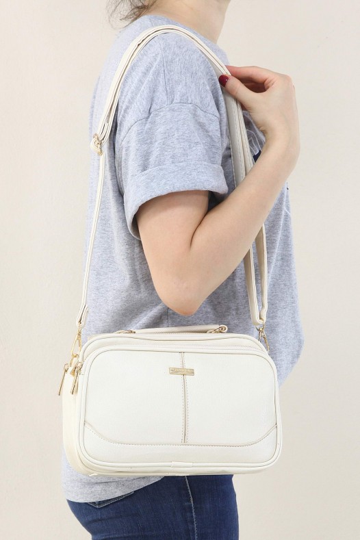 Krem Kadın Çapraz Askılı El Omuz Çantası Suni Deri 4 Gözlü Bölmeli Fermuarlı İçi Astarlı 5342