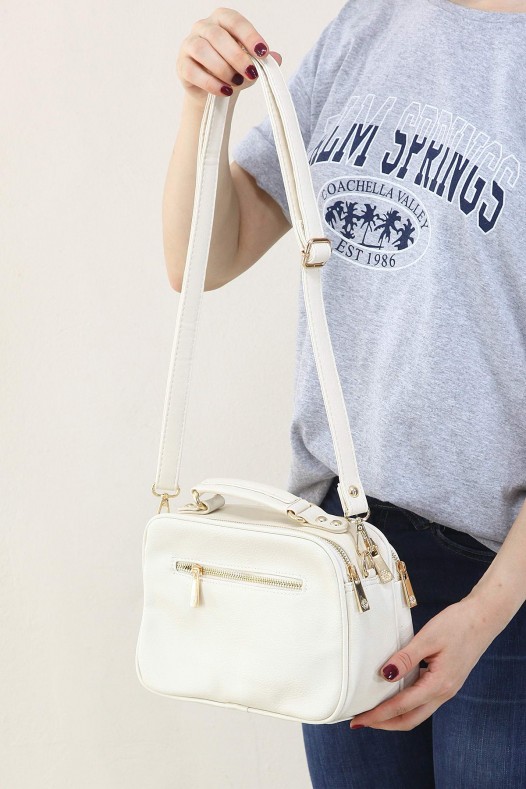 Krem Kadın Çapraz Askılı El Omuz Çantası Suni Deri 4 Gözlü Bölmeli Fermuarlı İçi Astarlı 5342