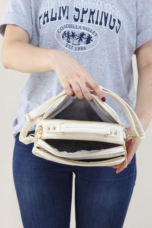 Krem Kadın Çapraz Askılı El Omuz Çantası Suni Deri 4 Gözlü Bölmeli Fermuarlı İçi Astarlı 5342