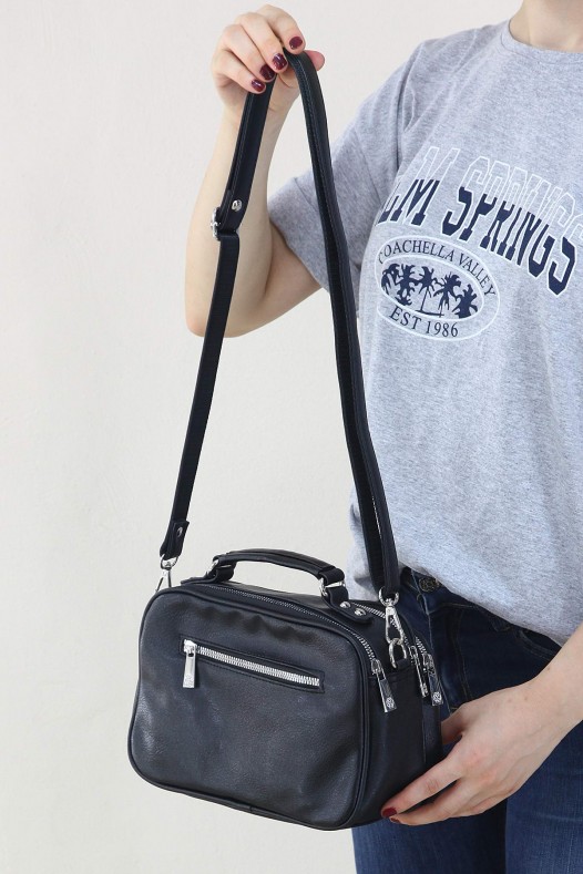 Siyah Kadın Çapraz Askılı El Omuz Çantası Suni Deri 4 Gözlü Bölmeli Fermuarlı İçi Astarlı 5342