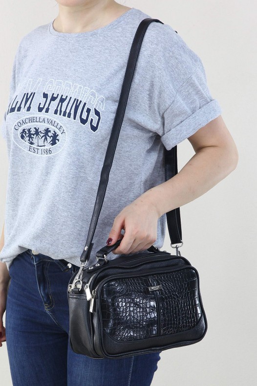 Siyah Kroko Desen Kadın Çapraz Askılı El Omuz Çantası Suni Deri 4 Gözlü Bölmeli Fermuarlı İçi Astarlı 5342