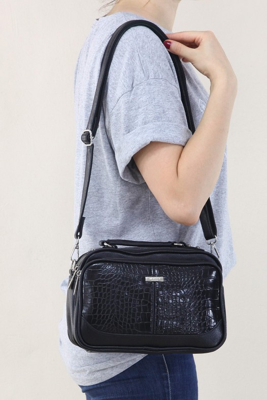 Siyah Kroko Desen Kadın Çapraz Askılı El Omuz Çantası Suni Deri 4 Gözlü Bölmeli Fermuarlı İçi Astarlı 5342