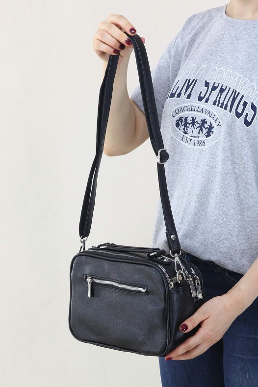 Siyah Kroko Desen Kadın Çapraz Askılı El Omuz Çantası Suni Deri 4 Gözlü Bölmeli Fermuarlı İçi Astarlı 5342