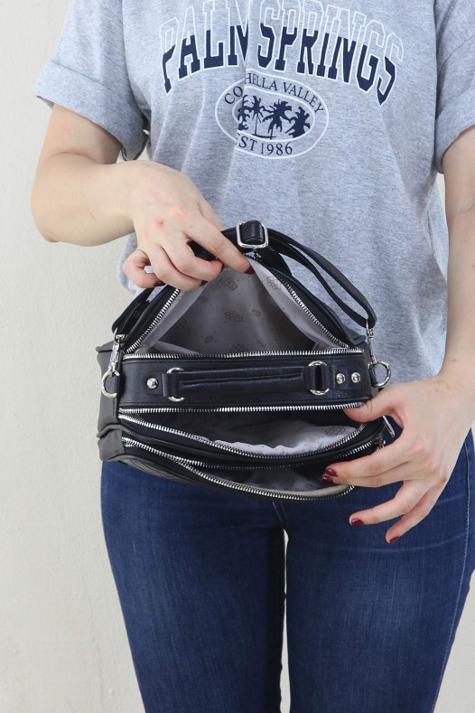 Siyah Kroko Desen Kadın Çapraz Askılı El Omuz Çantası Suni Deri 4 Gözlü Bölmeli Fermuarlı İçi Astarlı 5342