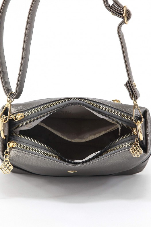 Gri Orta Boy Günlük Kadın Çapraz Askılı Kol Omuz Çantası İthal Kaliteli Suni Deri Çok Gözlü 5357