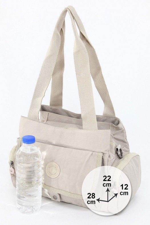 Bej Orta Boy Günlük Kadın Çapraz Askılı Omuz Çantası Su Geçirmez İthal Krinkıl Kumaş Çok Gözlü 5380