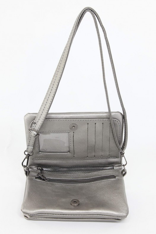Gri Orta Boy Günlük Kadın Çapraz Askılı Portföy Cüzdan İthal Suni Deri Çok Gözlü Astarlı 5414