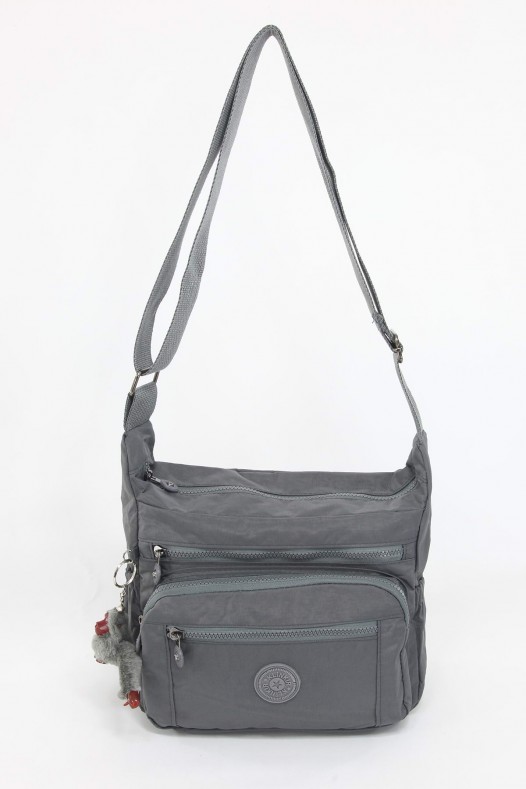 Gri Orta Boy Günlük Kadın Çapraz Askılı Postacı Omuz Çantası Krinkıl Kumaş Çok Gözlü Bölmeli 5425