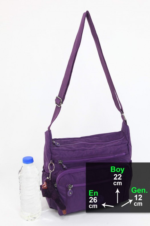 Mor Orta Boy Günlük Kadın Çapraz Askılı Postacı Omuz Çantası Krinkıl Kumaş Çok Gözlü Bölmeli 5425