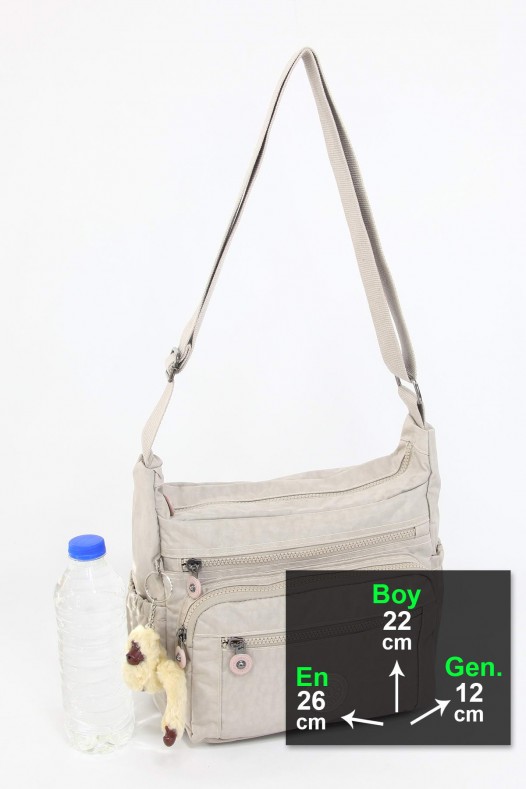 Açık Vizon Orta Boy Günlük Kadın Çapraz Askılı Postacı Omuz Çantası Krinkıl Kumaş Çok Gözlü 5425