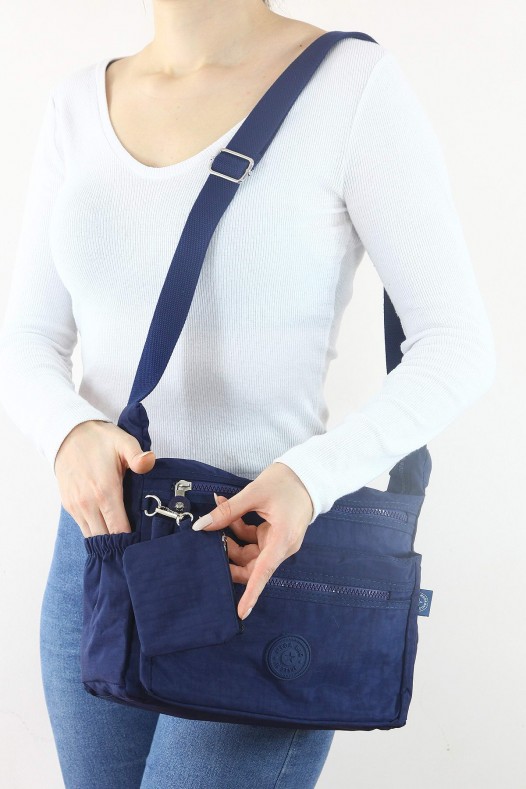 Lacivert Orta Boy Günlük Kadın Çapraz Askılı Postacı Omuz Çantası Su Geçirmez Krinkıl Çok Gözlü 5435