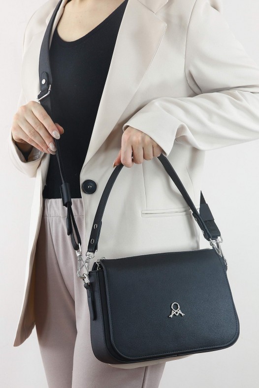 Siyah Orta Boy Günlük Kadın Çapraz Askılı Omuz Çantası İthal Kaliteli Suni Deri Çok Bölmeli 5441