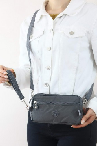 Gri Orta Boy Günlük Kadın Çapraz Askılı Telefonluk Cüzdan Çanta Su Geçirmez İthal Krinkıl Kumaş 5445