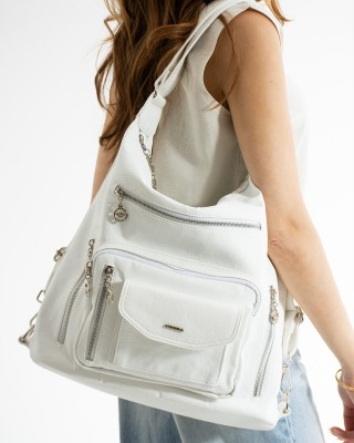 Beyaz Büyük Boy Günlük Kadın Omuz ve Sırt Çantası İthal Kaliteli Suni Deri Çok Gözlü 5448