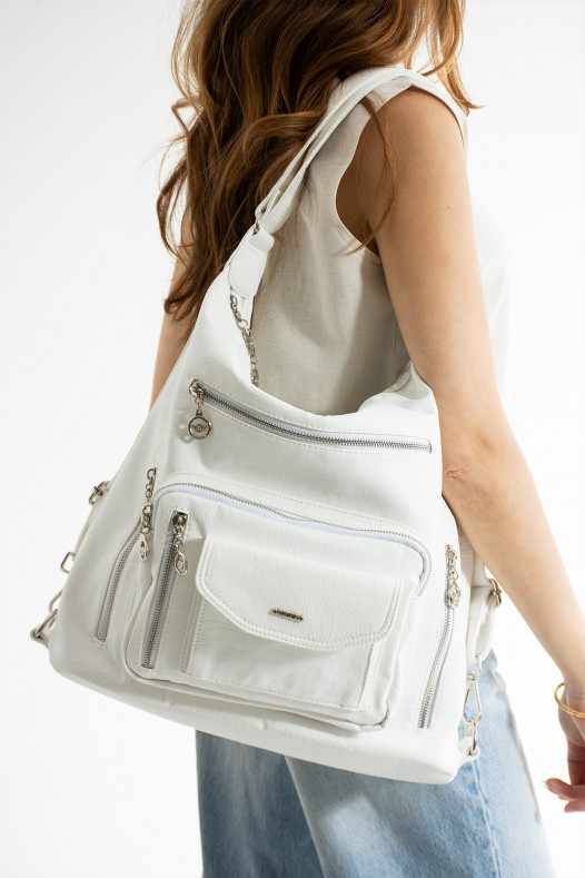 Beyaz Büyük Boy Günlük Kadın Omuz ve Sırt Çantası İthal Kaliteli Suni Deri Çok Gözlü 5448