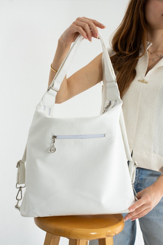 Beyaz Büyük Boy Günlük Kadın Omuz ve Sırt Çantası İthal Kaliteli Suni Deri Çok Gözlü 5448