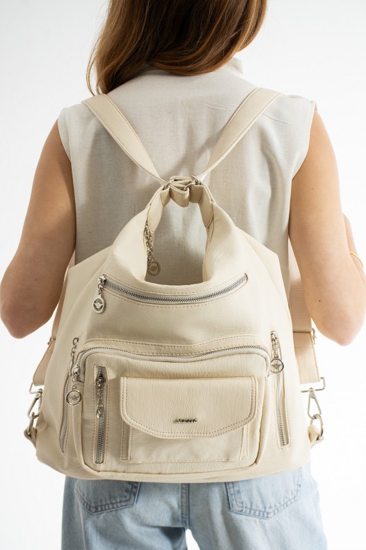 Krem Büyük Boy Günlük Kadın Omuz ve Sırt Çantası İthal Kaliteli Suni Deri Çok Gözlü 5448