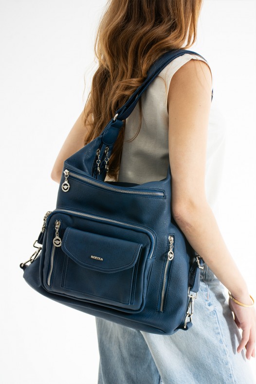 Lacivert Büyük Boy Günlük Kadın Omuz ve Sırt Çantası İthal Kaliteli Suni Deri Çok Gözlü 5448