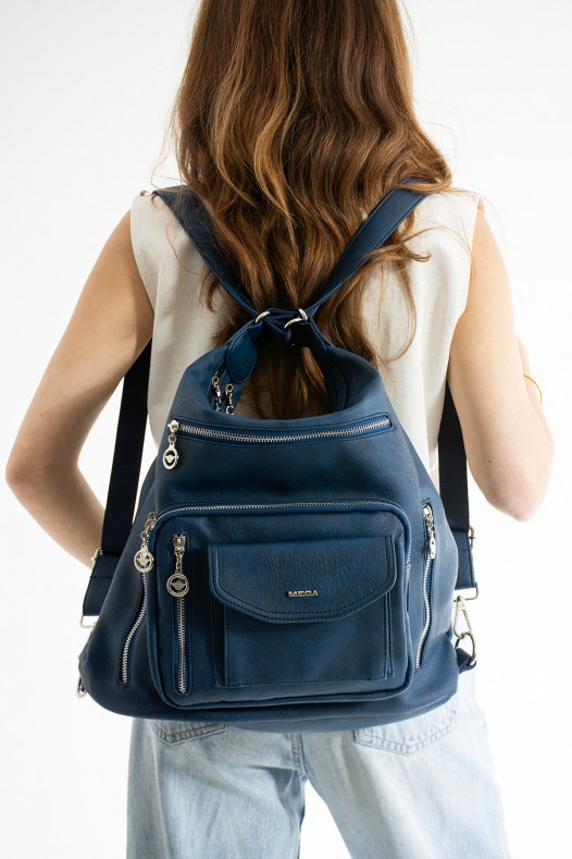 Lacivert Büyük Boy Günlük Kadın Omuz ve Sırt Çantası İthal Kaliteli Suni Deri Çok Gözlü 5448