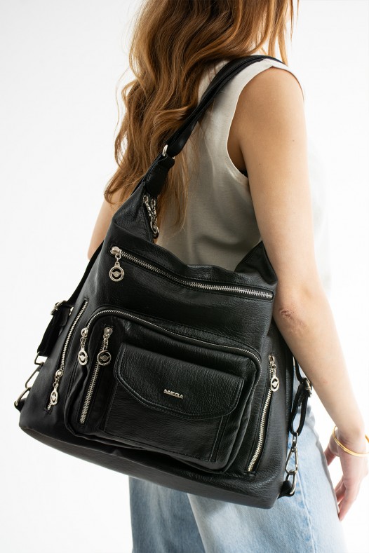 Siyah Büyük Boy Günlük Kadın Omuz ve Sırt Çantası İthal Kaliteli Suni Deri Çok Gözlü 5448