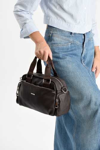 Kahverengi Orta Boy Günlük Kadın Çapraz Askılı El Omuz Çantası İthal Suni Deri Çok Gözlü 5449