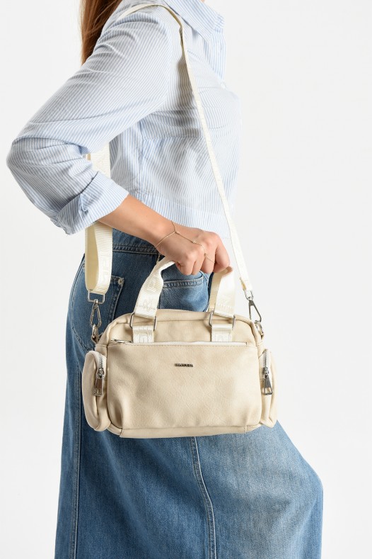 Krem Orta Boy Günlük Kadın Çapraz Askılı El Omuz Çantası İthal Kaliteli Suni Deri Çok Gözlü 5449