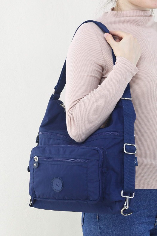 Lacivert Orta Boy Günlük Kadın Omuz ve Sırt Çantası Su Geçirmez İthal Krinkıl Kumaş Çok Gözlü 5450