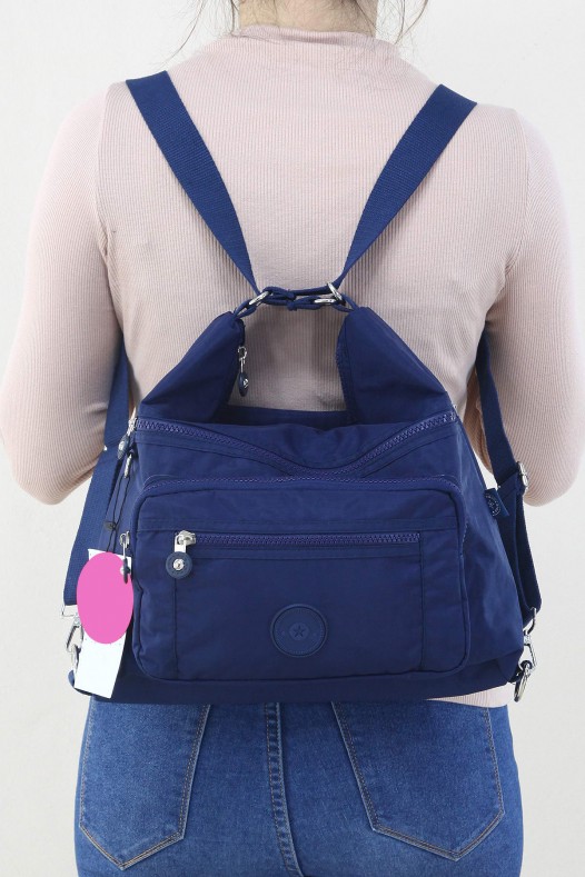 Lacivert Orta Boy Günlük Kadın Omuz ve Sırt Çantası Su Geçirmez İthal Krinkıl Kumaş Çok Gözlü 5450