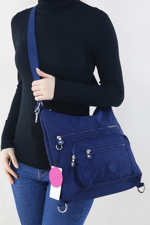 Lacivert Orta Boy Günlük Kadın Omuz ve Sırt Çantası Su Geçirmez İthal Krinkıl Kumaş Çok Gözlü 5450