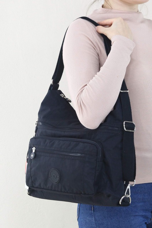 Siyah Orta Boy Günlük Kadın Omuz ve Sırt Çantası Su Geçirmez İthal Krinkıl Kumaş Çok Gözlü 5450