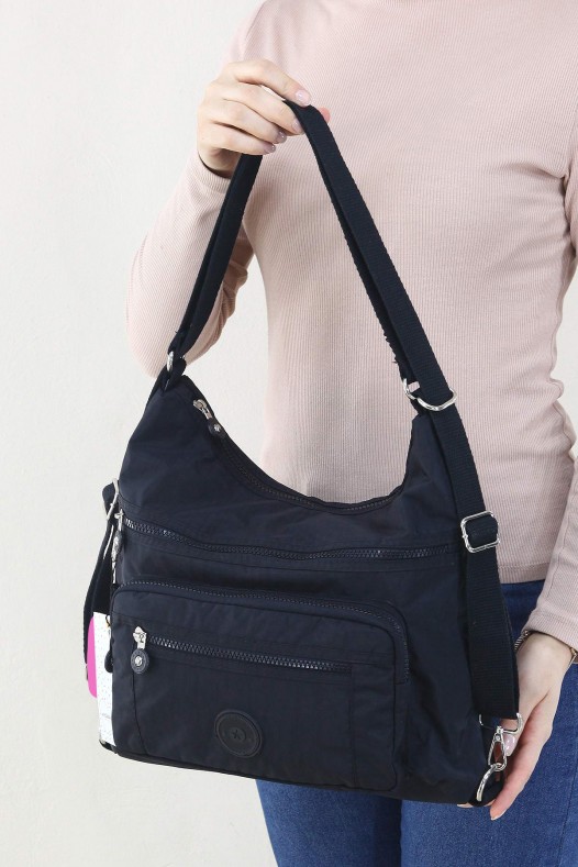 Siyah Orta Boy Günlük Kadın Omuz ve Sırt Çantası Su Geçirmez İthal Krinkıl Kumaş Çok Gözlü 5450