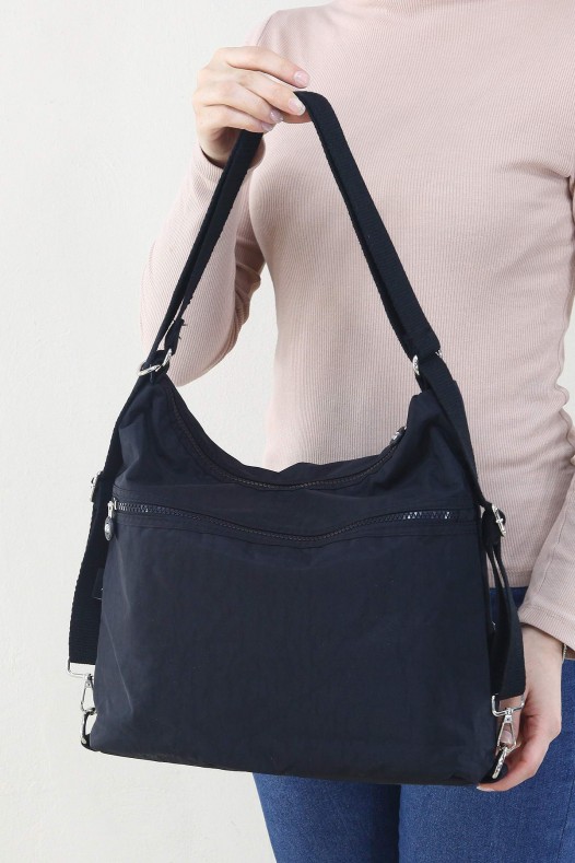 Siyah Orta Boy Günlük Kadın Omuz ve Sırt Çantası Su Geçirmez İthal Krinkıl Kumaş Çok Gözlü 5450