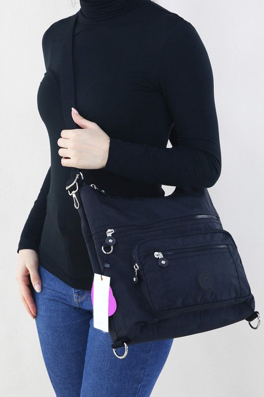 Siyah Orta Boy Günlük Kadın Omuz ve Sırt Çantası Su Geçirmez İthal Krinkıl Kumaş Çok Gözlü 5450